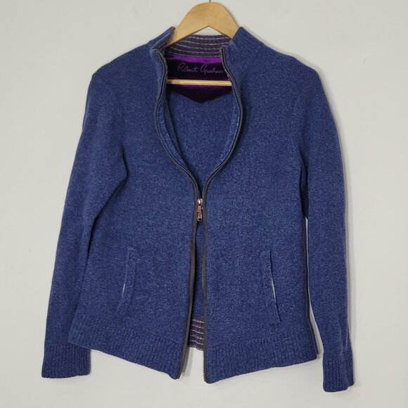 Robert Graham Women's Blue 100% Wool Classic Fit Full-Zip Cardigan Jacket Large - Picture 3 of 14